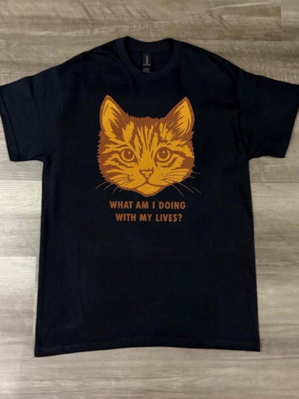 Black Gildan T-Shirt, Vintage Cat What Am I Doing With My Lives Tee